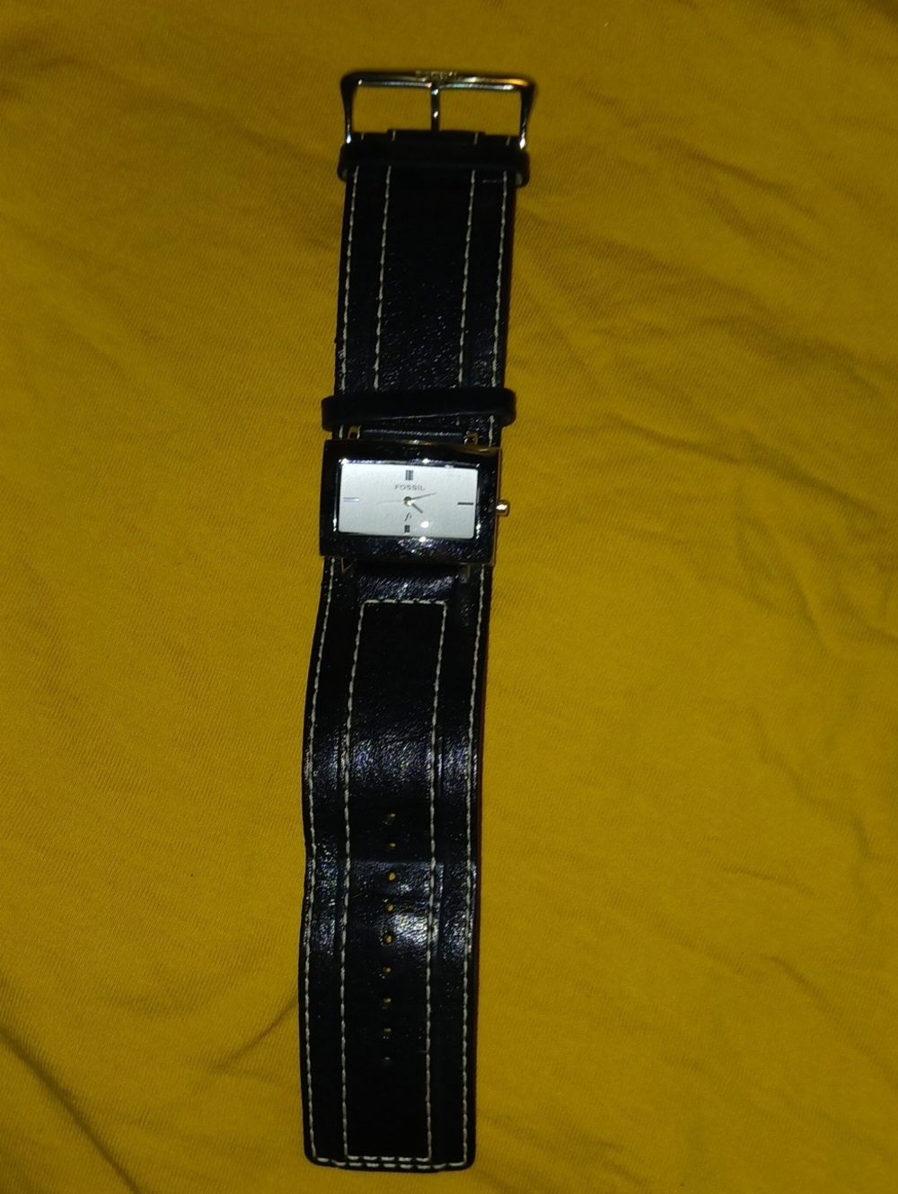 Fossil Black Leather Cuff Watch with Silver-Tone Case